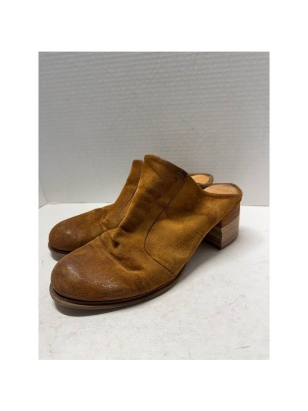 AS 98 Suede Leather Mules Cognac Brown Block Heel Round Toe Slip On Size 38 7.5
